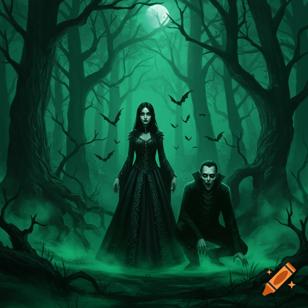 A witch and a vampire stand in a dark, glowing green forest with bats flying under a full moon.