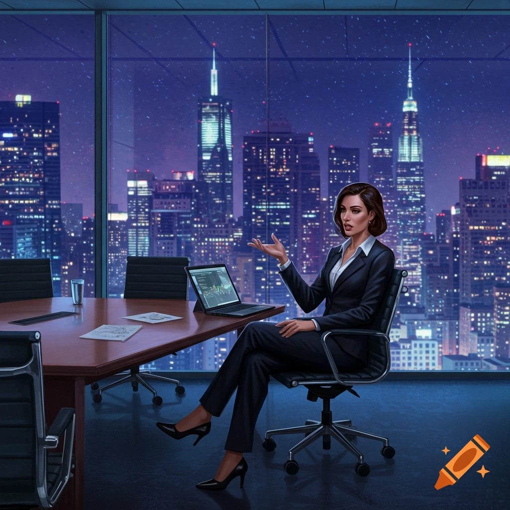 A businesswoman in a suit sits in an office at night, with a laptop showing graphs and a city skyline visible through the window. The image has a stylized, illustrative quality.