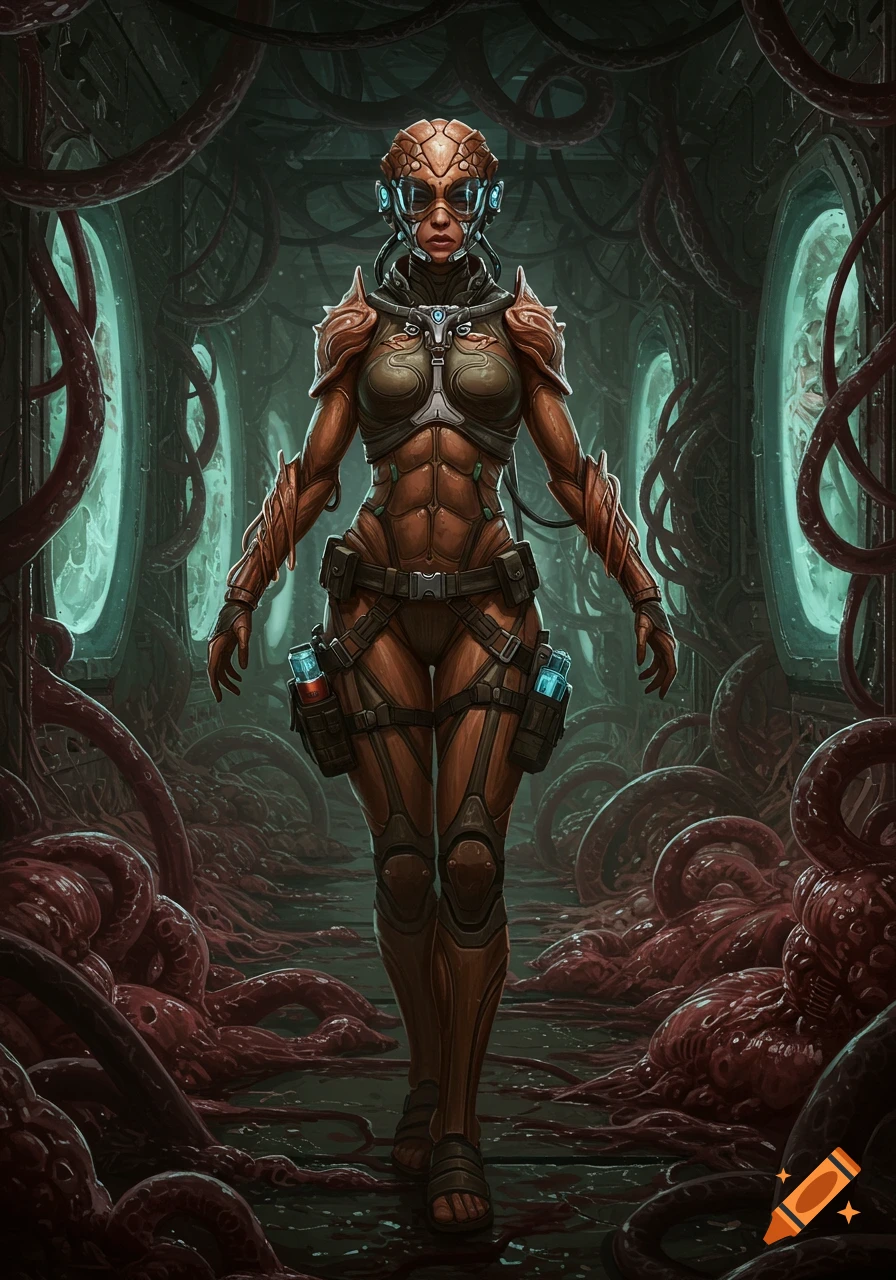 A full-body portrait of a female sci-fi freelancer in a biomechanical suit, standing in a dark, decaying corridor with tendrils.