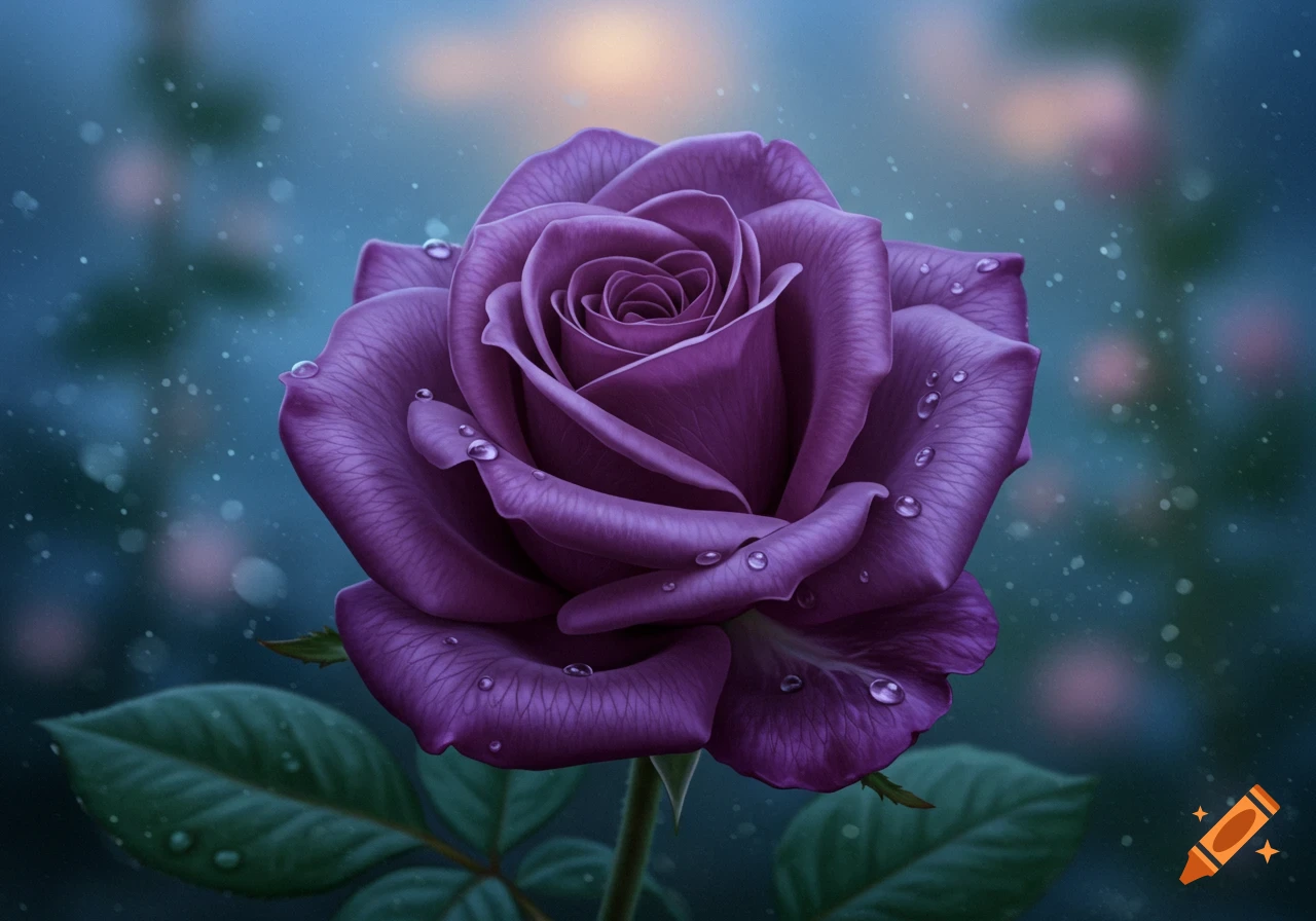A close-up, photorealistic image of a vibrant purple rose with glistening water droplets on its petals, set against a blurred blue background.
