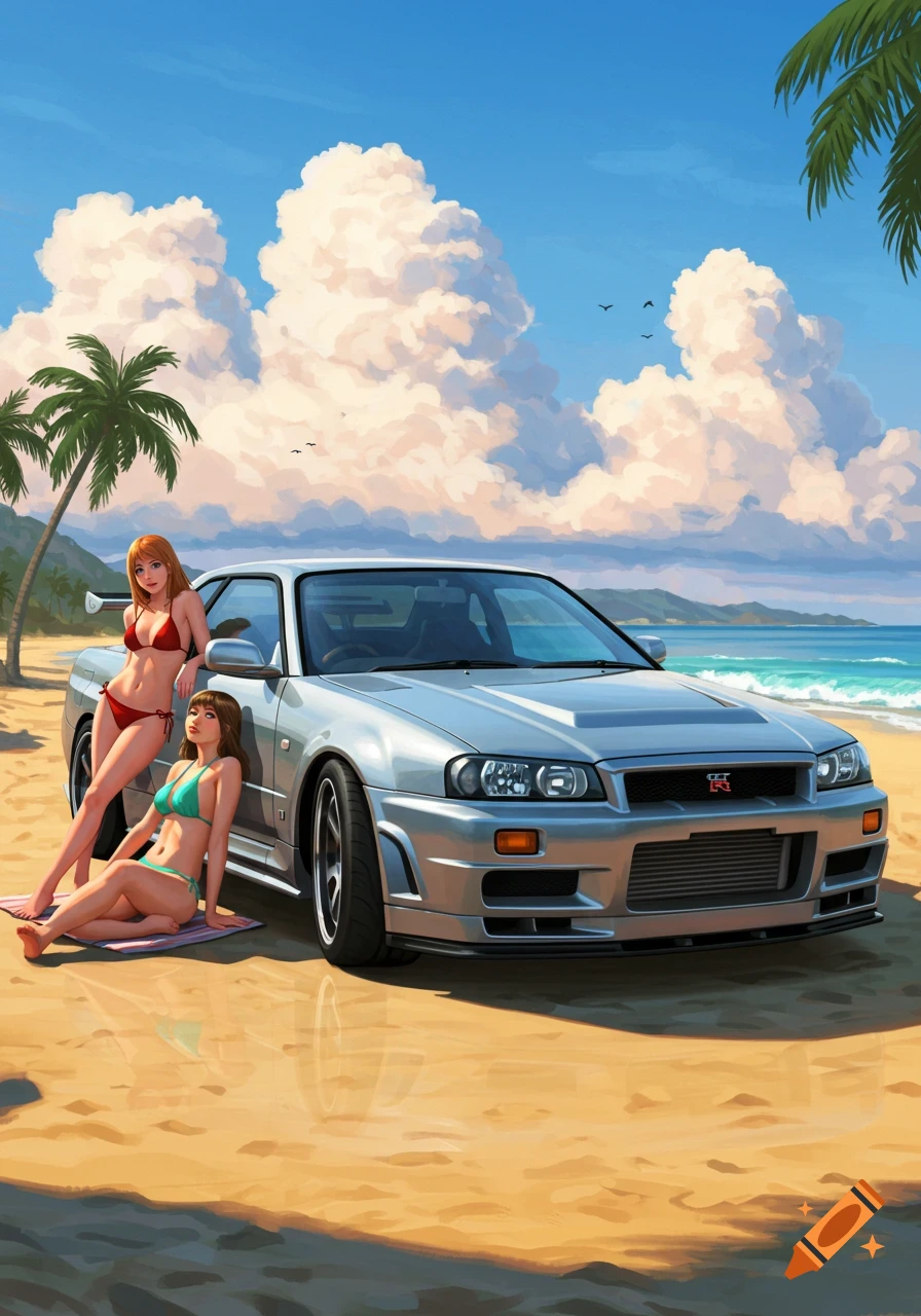 Two anime-style women in bikinis pose next to a silver Nissan Skyline R34 on a sunny beach.