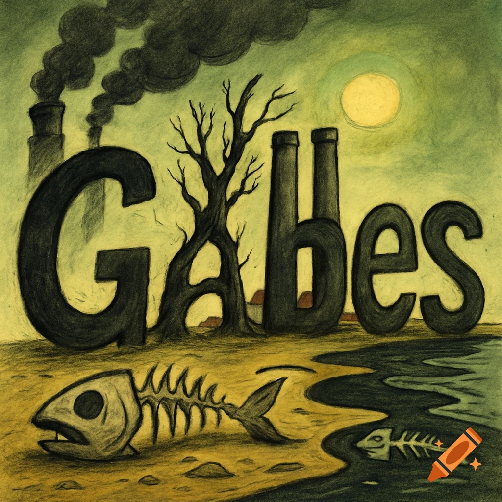 Caricature showing a polluted landscape spelling 'Gabes' with industrial elements and dead fish under a hazy sky.