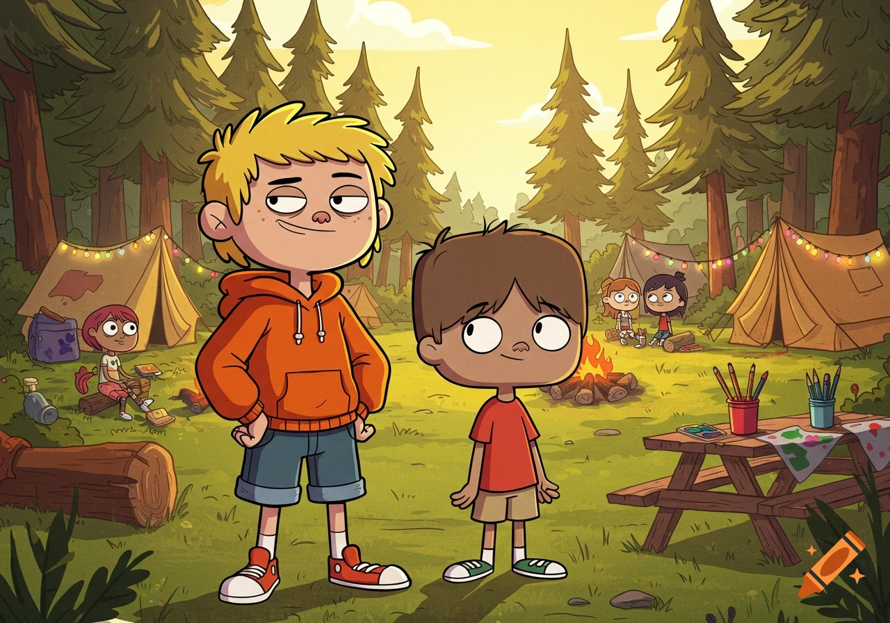 Animated illustration of two boys at a sunny forest campsite with tents, campfire, and other children.