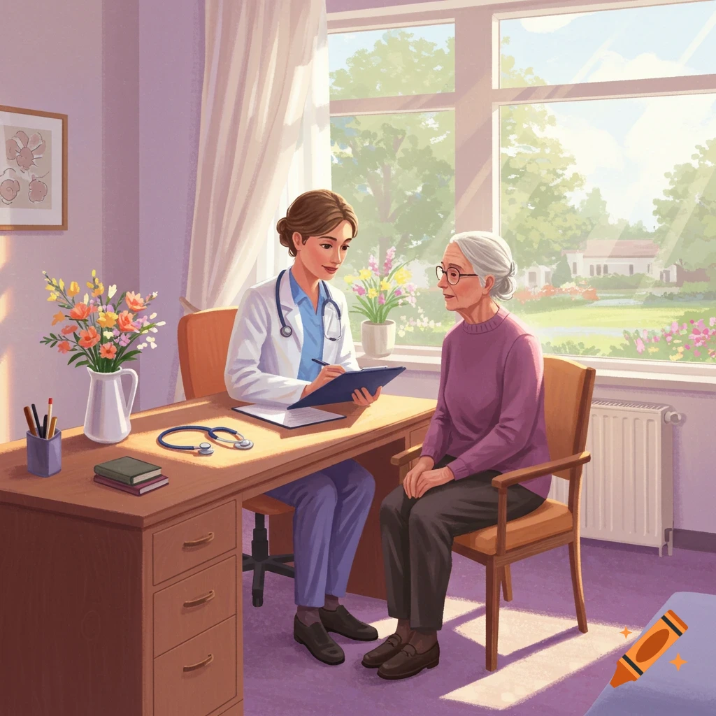 An illustration of a female doctor consulting with an elderly patient in a brightly lit doctor's office.