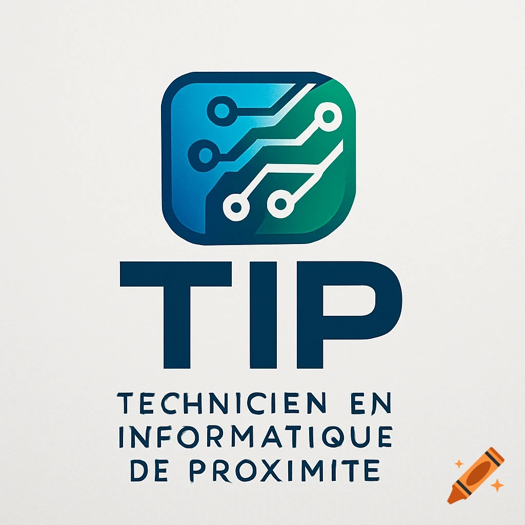 A logo with a blue and green circuit board icon above dark blue text reading TIP, and below it, TECHNICIEN EN INFORMATIQUE DE PROXIMITÉ.