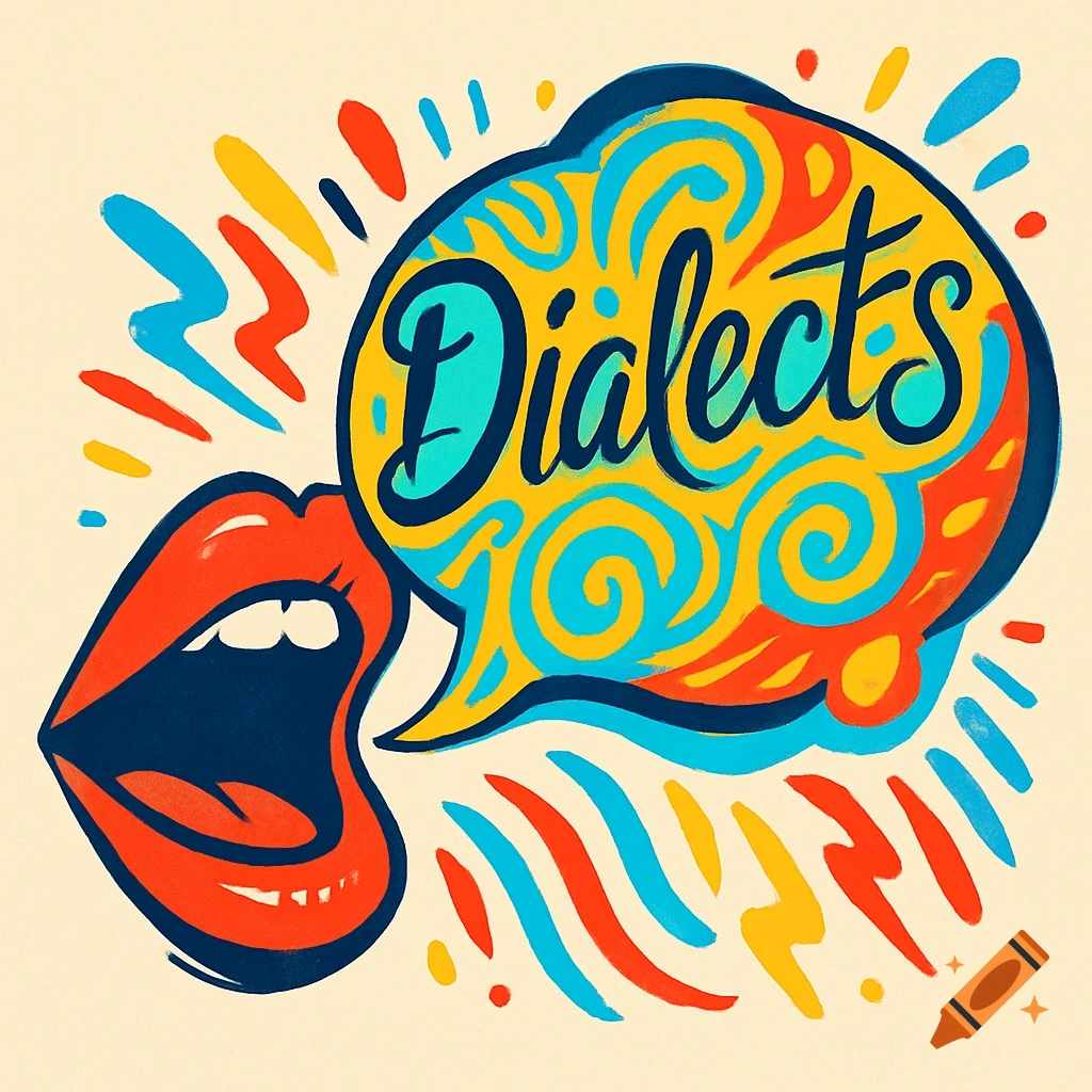 Stylized, colorful illustration of an open mouth shouting, with a speech bubble containing the word 'Dialects'.