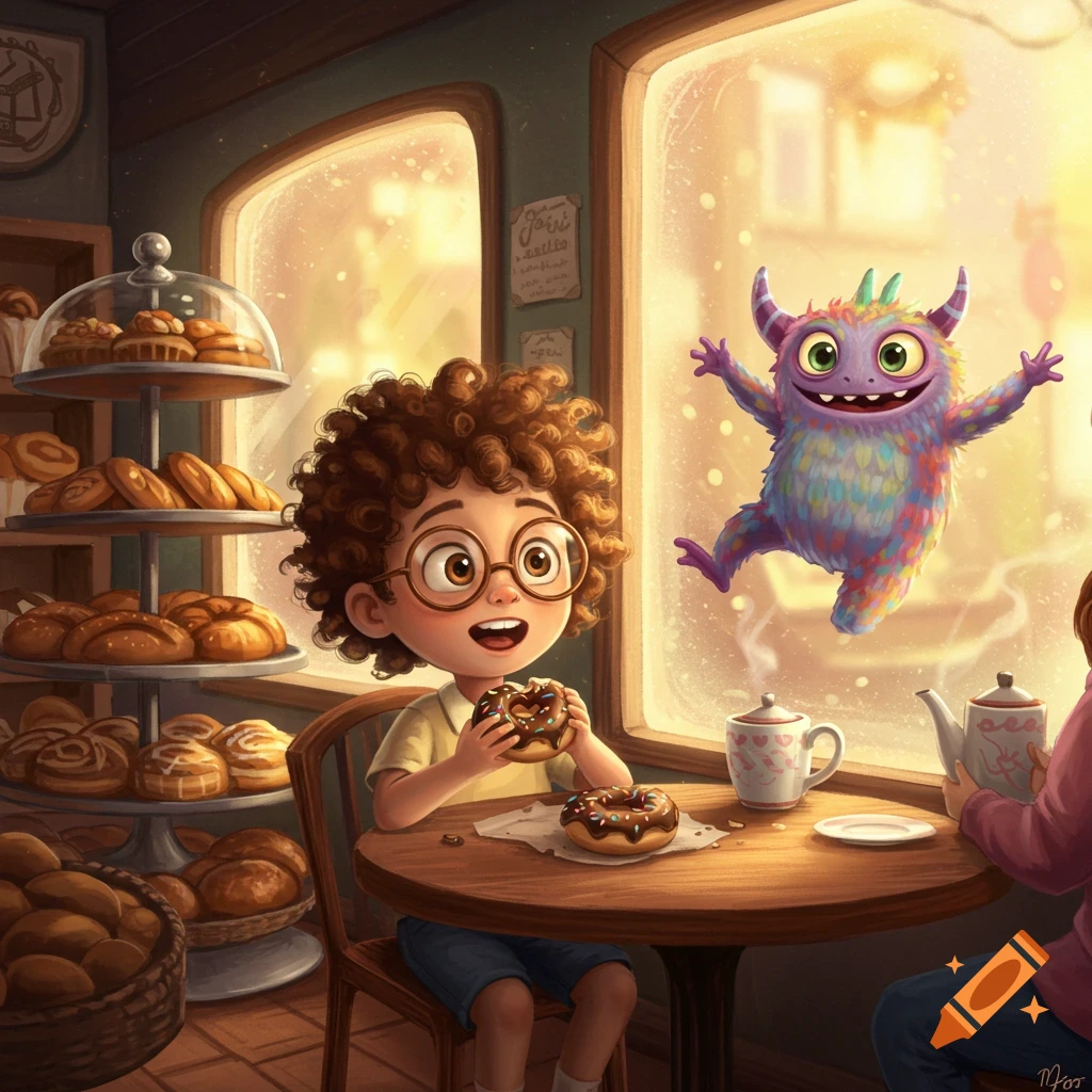A cartoon boy with curly hair and glasses eats a chocolate donut at a bakery table, surprised by a colorful monster floating outside the window.