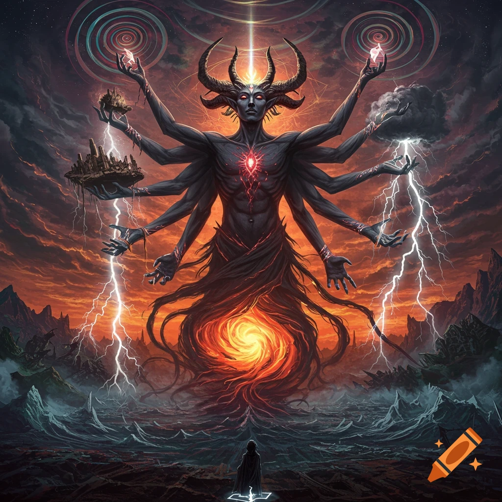 A multi-armed demonic deity with horns, glowing red eyes, and a heart-like gem, creating lightning and a fiery vortex, observed by a cloaked figure in a stormy landscape.