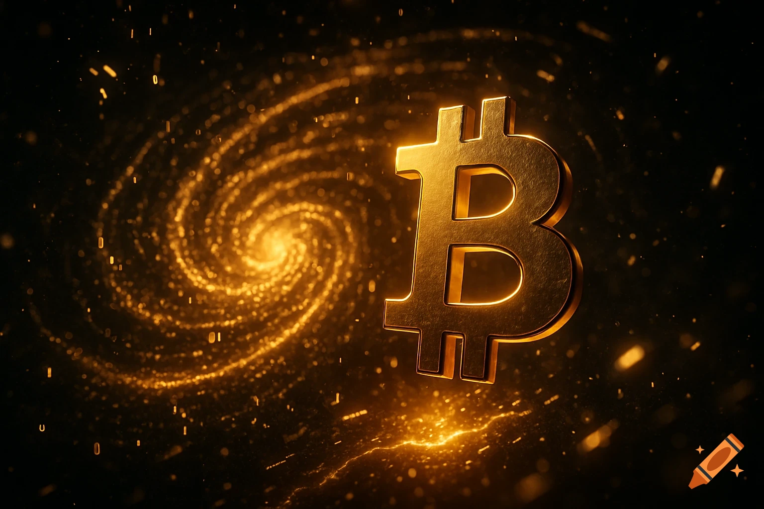 A golden, metallic Bitcoin symbol glows brightly against a dark, swirling cosmic background with sparkling golden particles and binary code fragments.