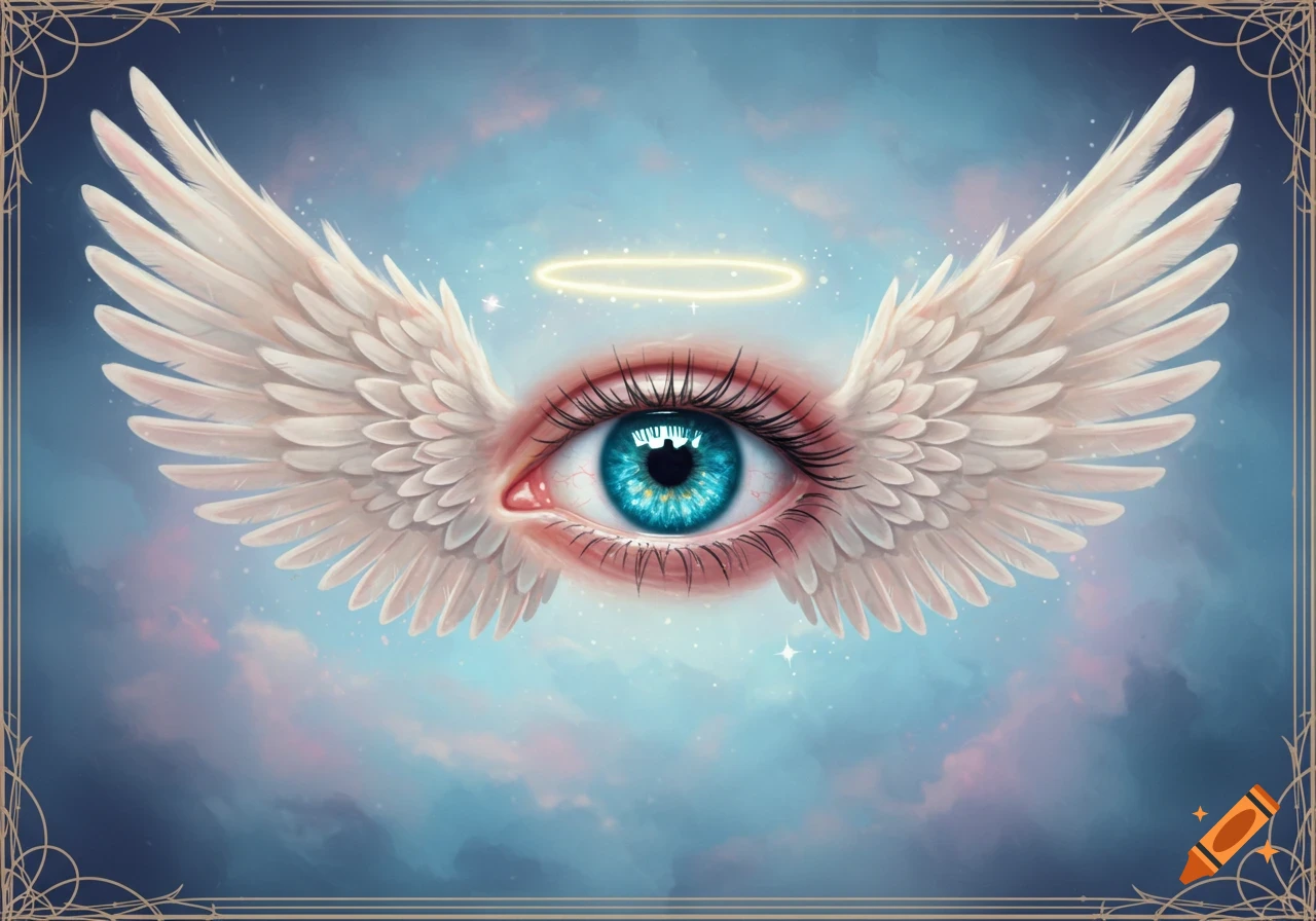 A detailed blue eye with white angel wings and a golden halo, set against a dreamy, cloudy blue and purple sky with stars.