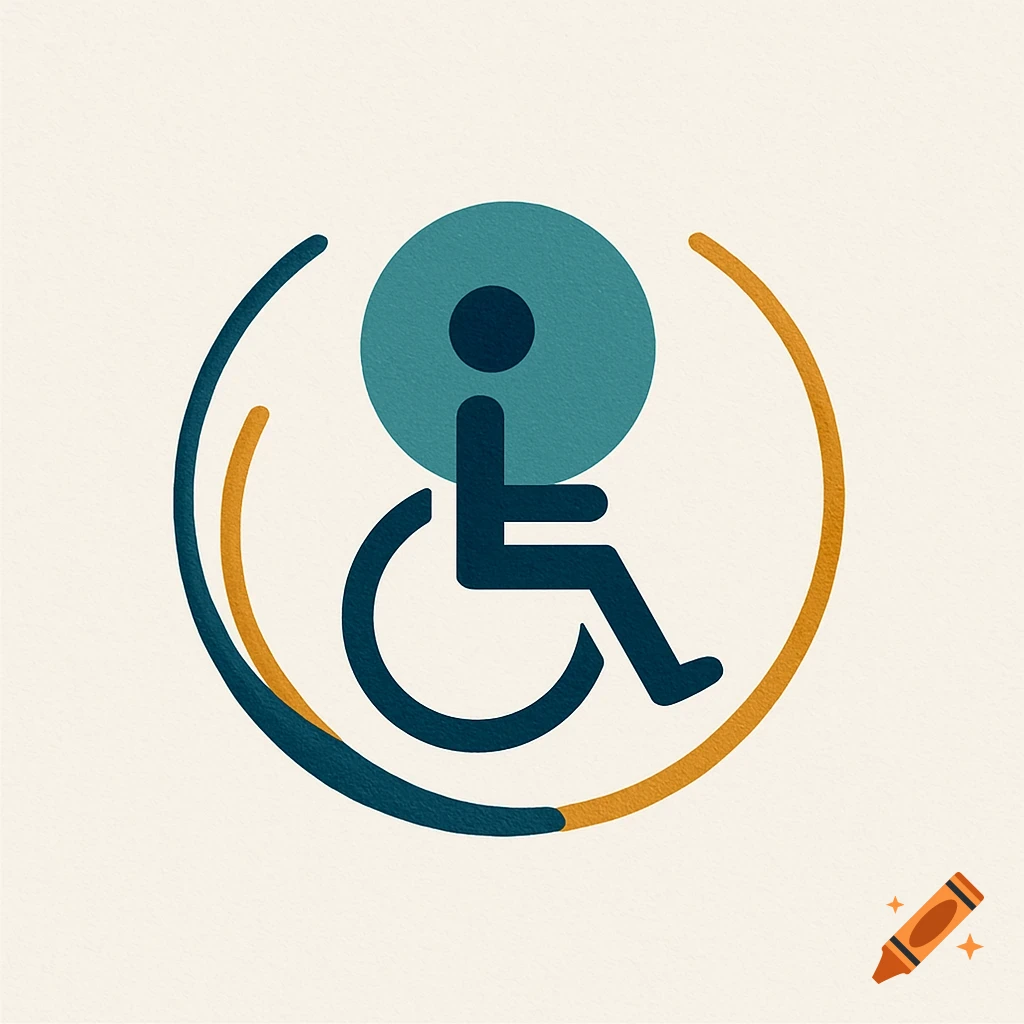 A modern graphic logo for accessibility and inclusion, featuring a dark blue wheelchair symbol with a teal head, encircled by abstract blue and orange lines on a cream background.