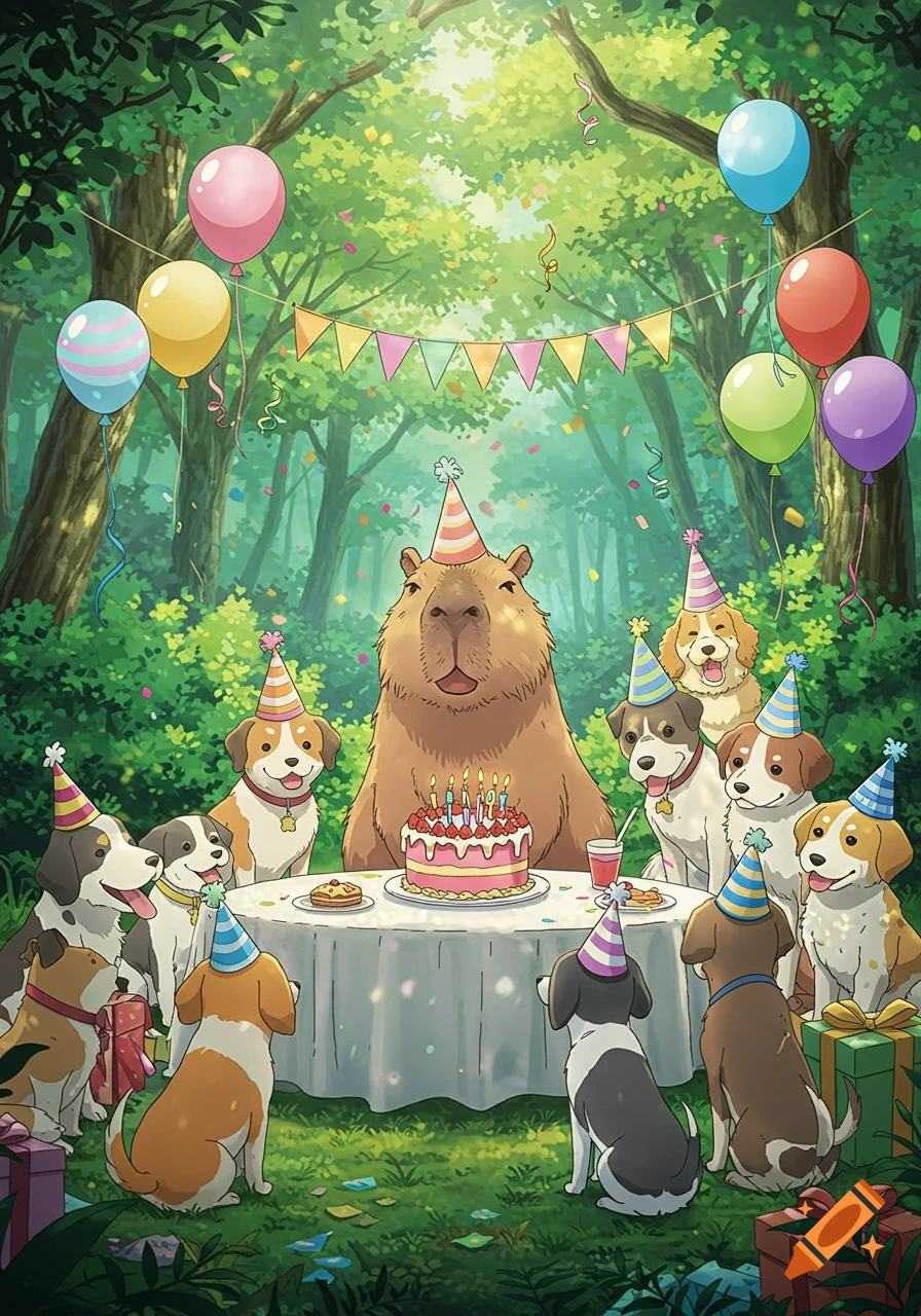 Anime illustration of a capybara and dogs celebrating a birthday party in a forest with cake, hats, balloons, and gifts.