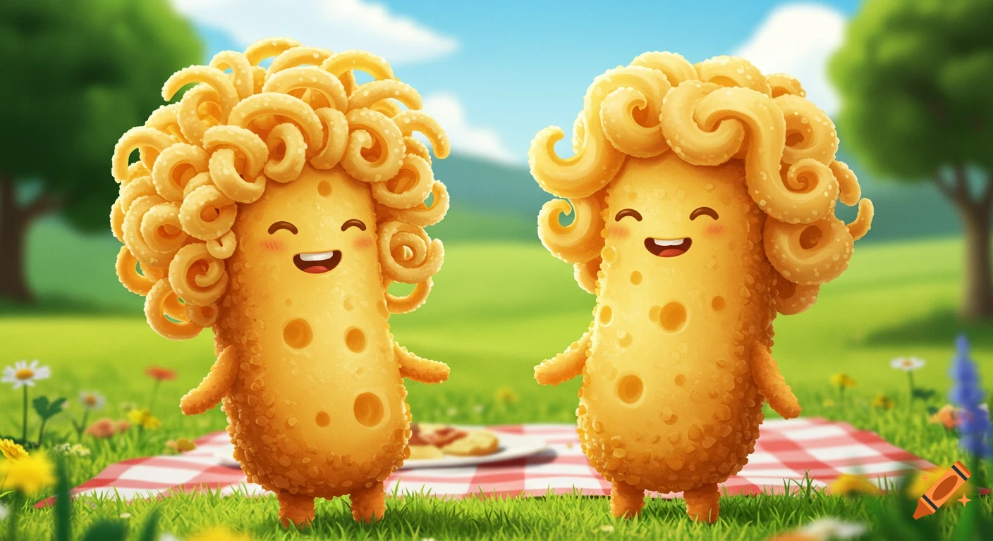 Two cute, cartoon Venezuelan cheese sticks with happy faces and curly/wavy hair on a picnic blanket in a grassy park.
