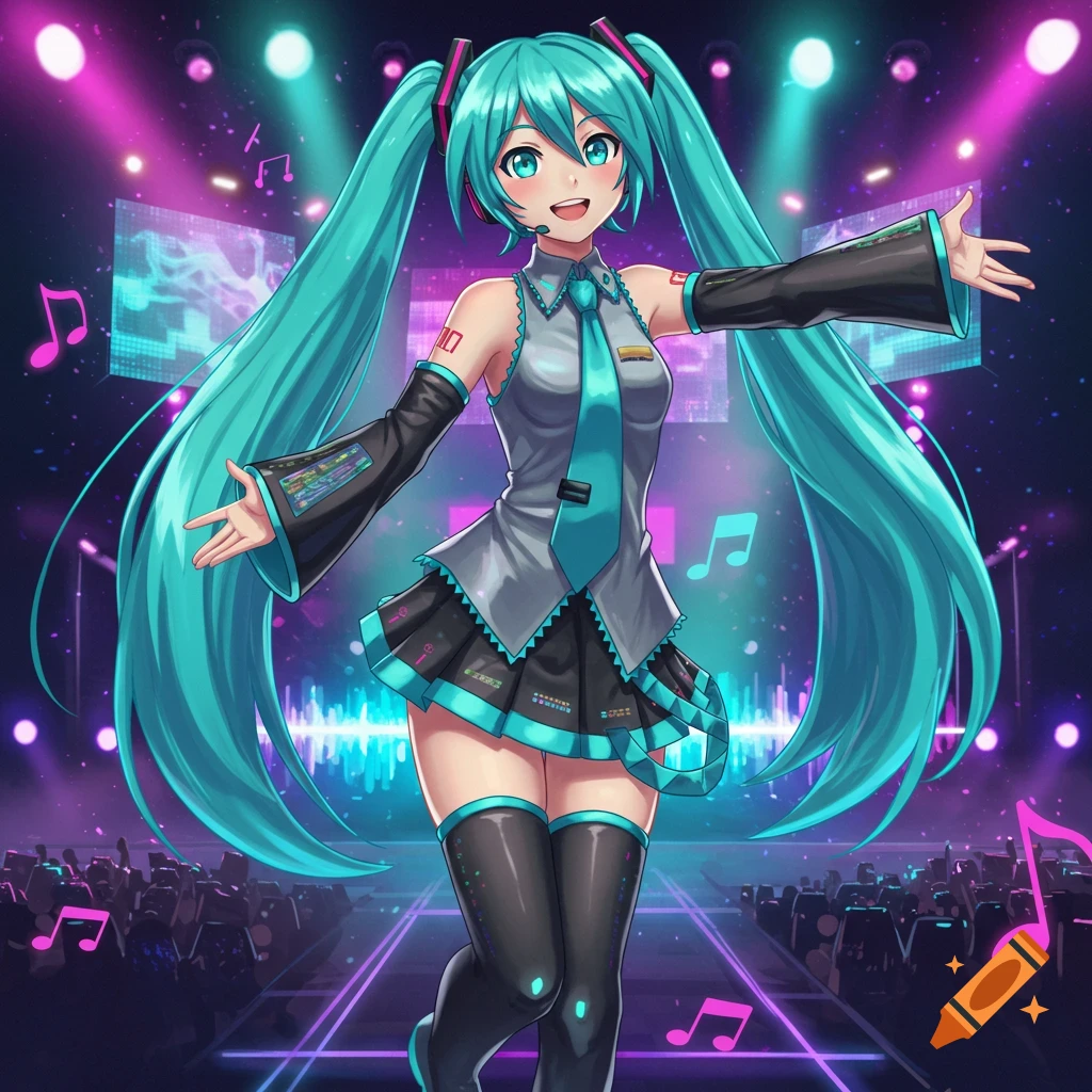 Hatsune Miku, an anime character with long teal pigtails, performs on a vibrant neon pink and blue stage, arms outstretched.