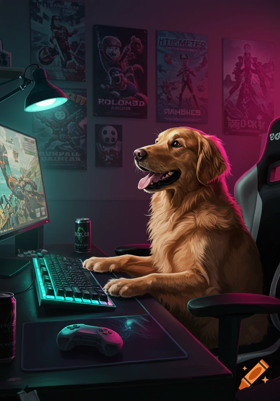 A golden retriever sits at a glowing gaming desk, intently looking at the computer screen while its paws rest on a keyboard, illuminated by blue and pink light.