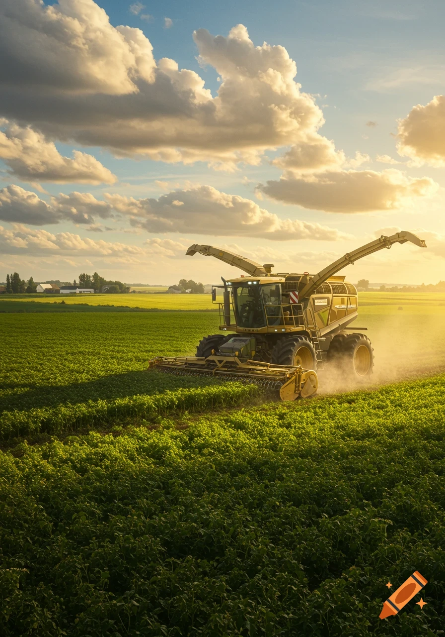 A large yellow combine harvester moves through a green crop field under a sunny, cloudy sky, kicking up dust.