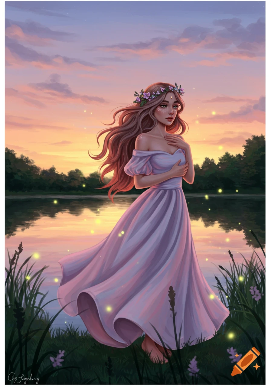 Digital painting of a woman in a lilac dress with a flower crown standing barefoot by a lake at sunset, surrounded by glowing lights.