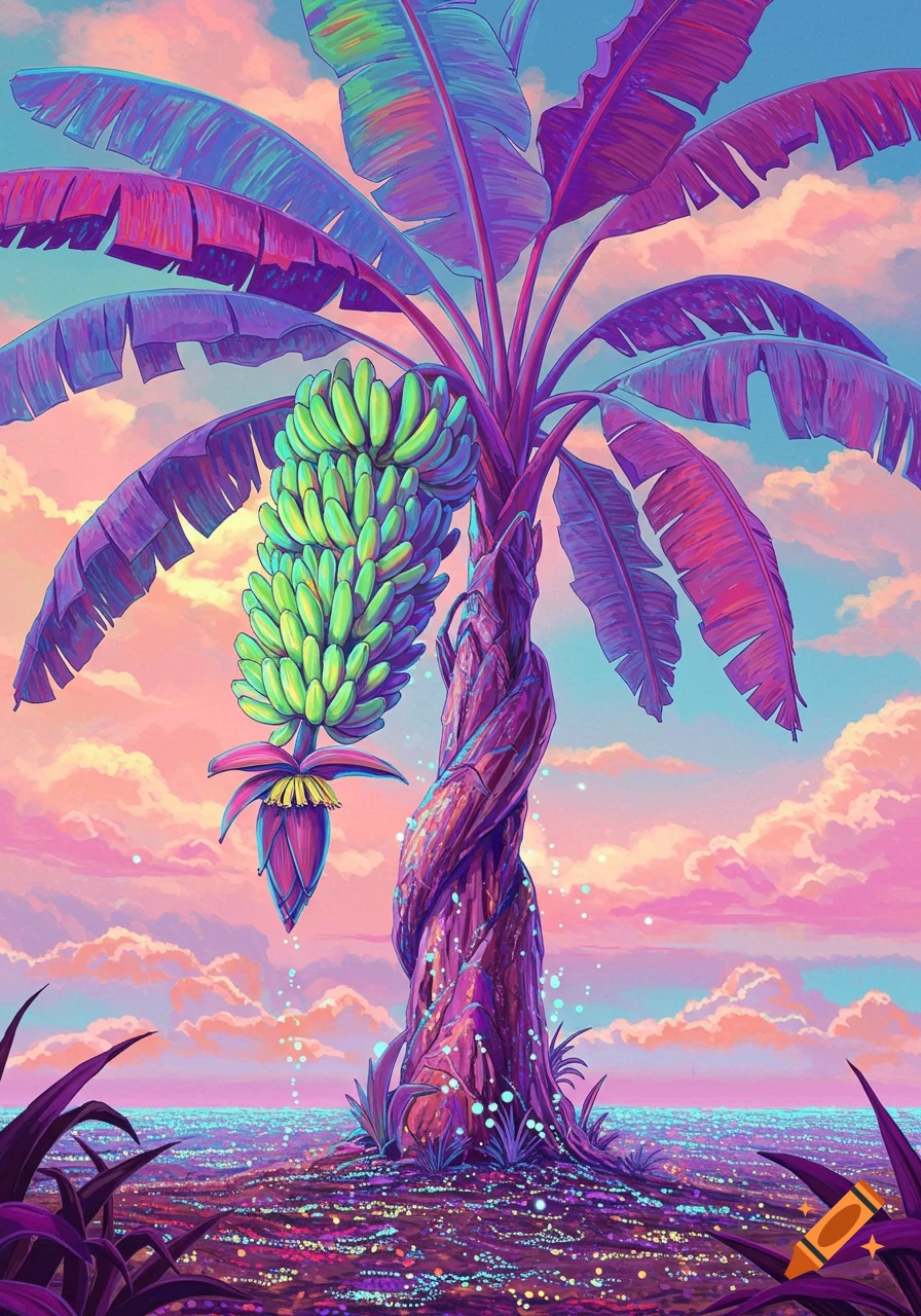 A vibrant, psychedelic banana tree with green bananas and a large purple bloom, set against a pink and blue sky with glowing ground.