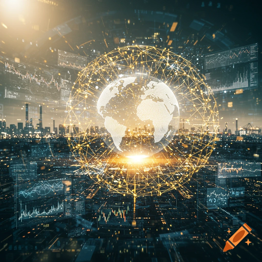 A glowing digital globe sits at the center of a golden network overlaying a futuristic city skyline, with holographic data displays floating around.