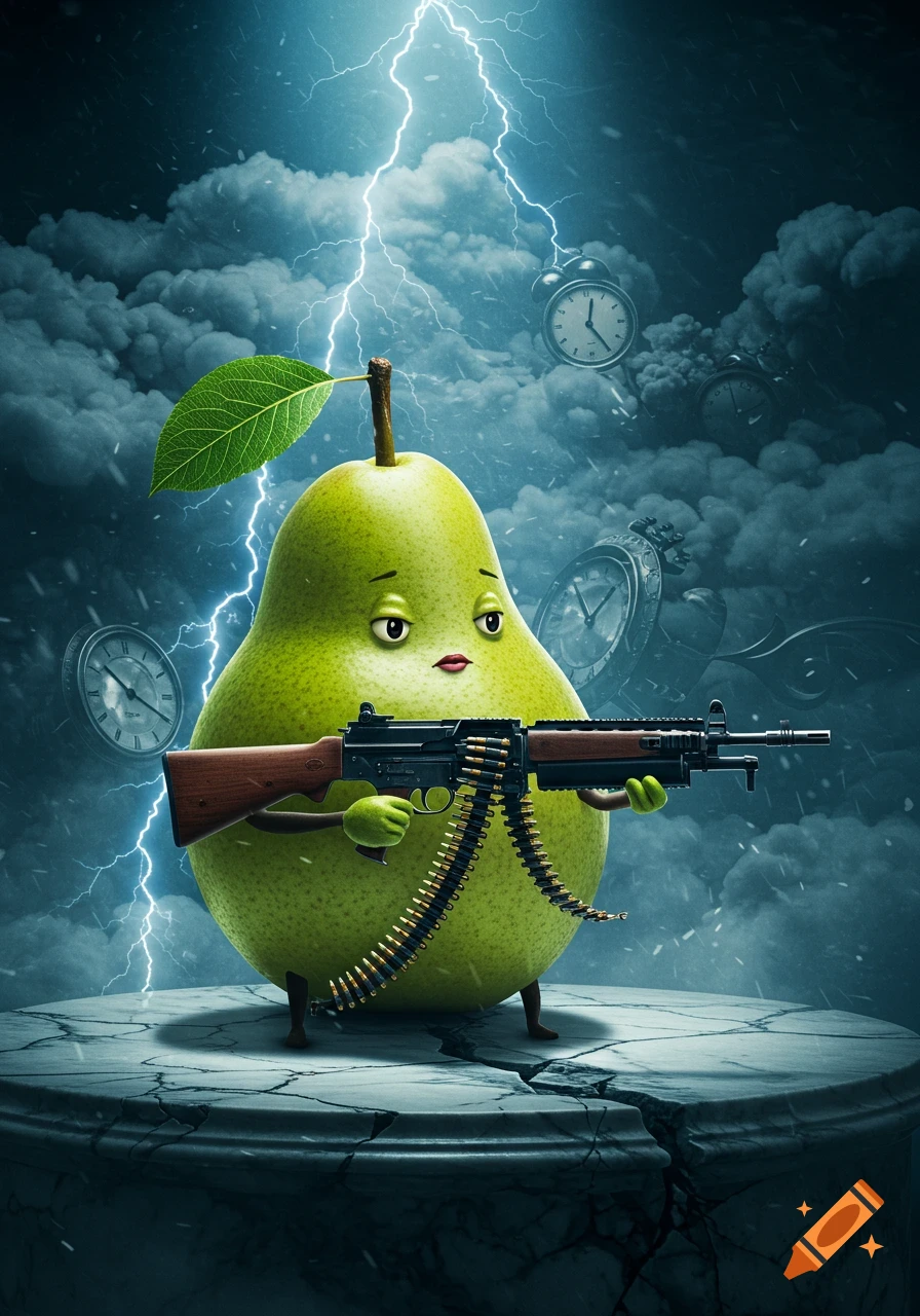 A dramatic cartoon of a green pear holding a machine gun on a cracked pedestal under a stormy, lightning-filled sky with floating clocks.