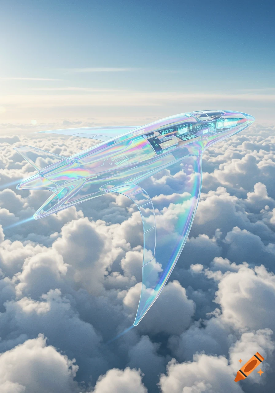 Sleek, iridescent transparent futuristic airplane soaring above fluffy white clouds in a bright blue sky.