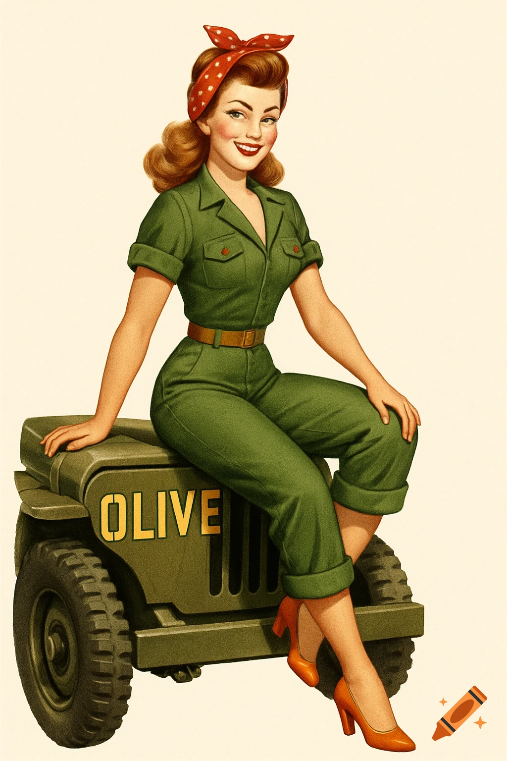 A smiling pin-up girl with a red bandana and olive green jumpsuit sits on a WWII jeep with "OLIVE" painted on it, in a vintage illustration style.