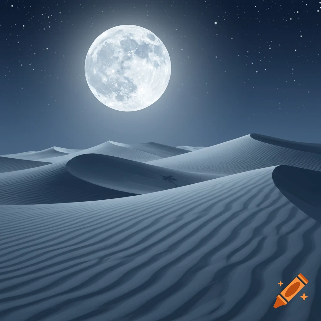 A large, bright full moon illuminates vast, rippling sand dunes under a starry night sky in a desert landscape.