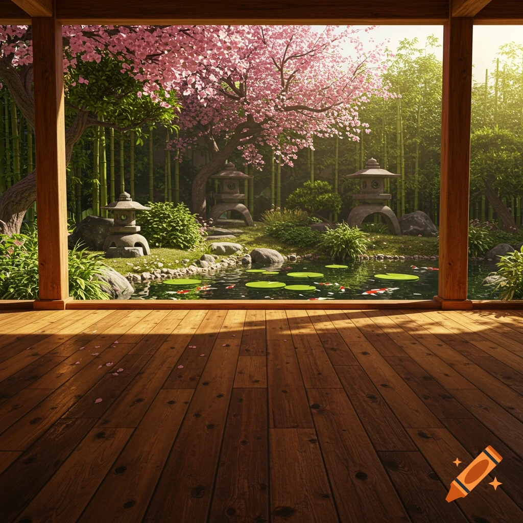 A photorealistic view from a wooden porch overlooking a tranquil Japanese garden with a koi pond, cherry blossoms, bamboo, and stone lanterns.