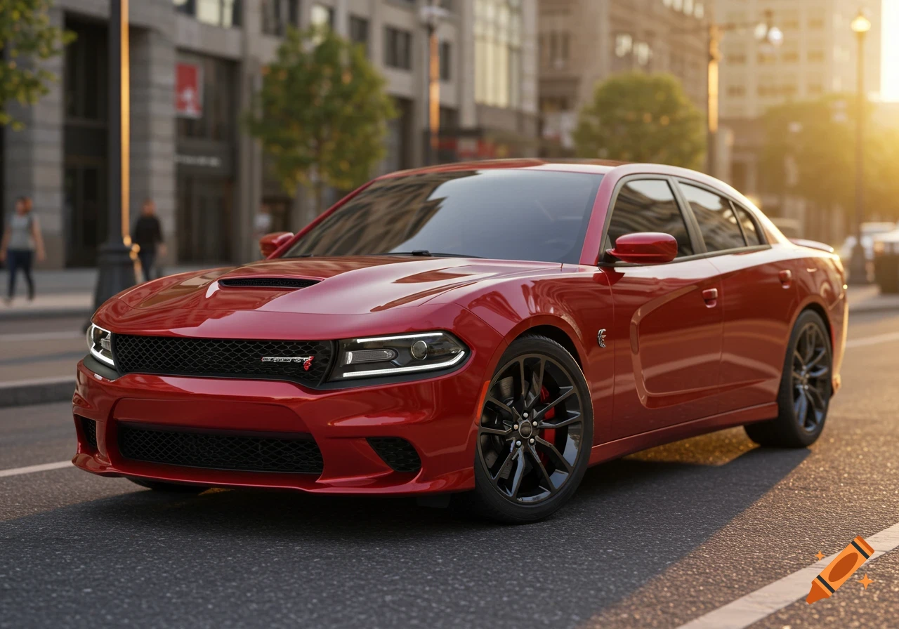 A red Dodge Charger Hellcat parked on a city street during sunset, photorealistic.