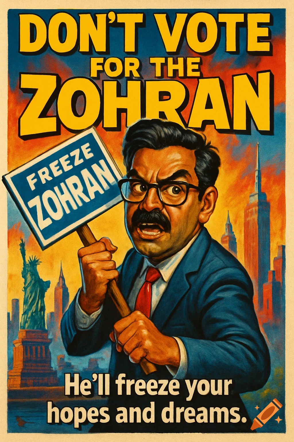 A political parody poster titled "Don't Vote for the Zohran" with a caricature of a male politician and New York City skyline.