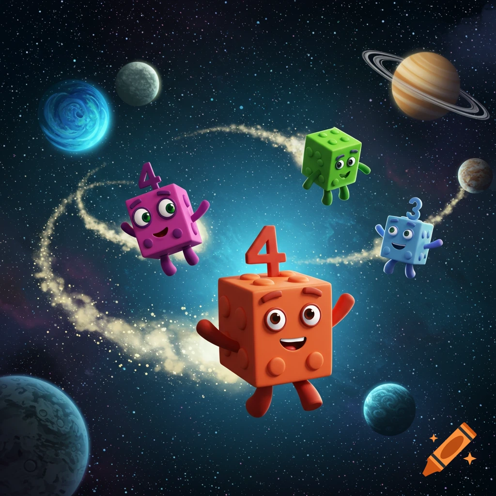 Cartoon Numberblocks with numbers 3 and 4 float happily among planets and stars in a dark blue outer space.