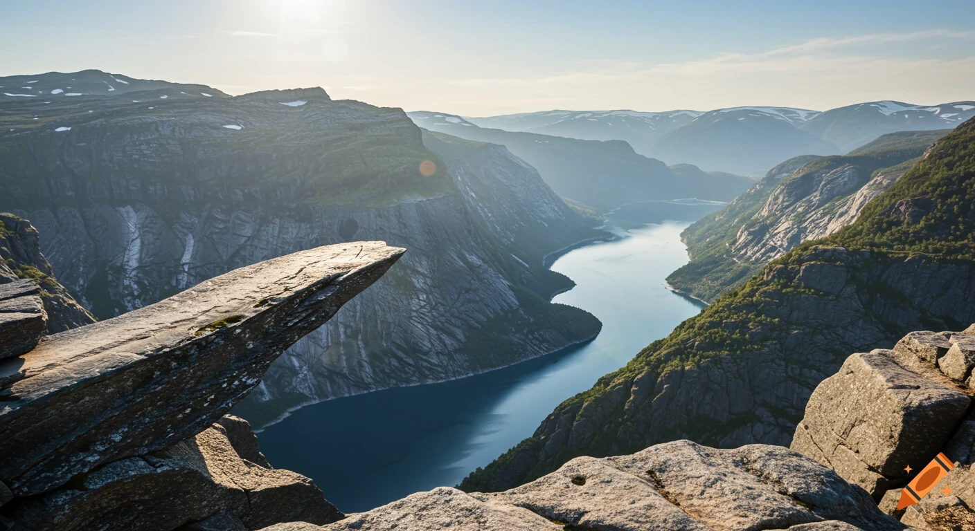 Photorealistic view from a jagged cliff edge looking down at a winding blue river through a vast mountain valley under sunlight.