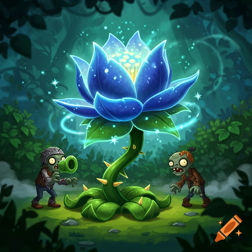 A glowing blue lotus-like plant with a thorny stem, surrounded by two Plants vs. Zombies style zombies in a magical forest.