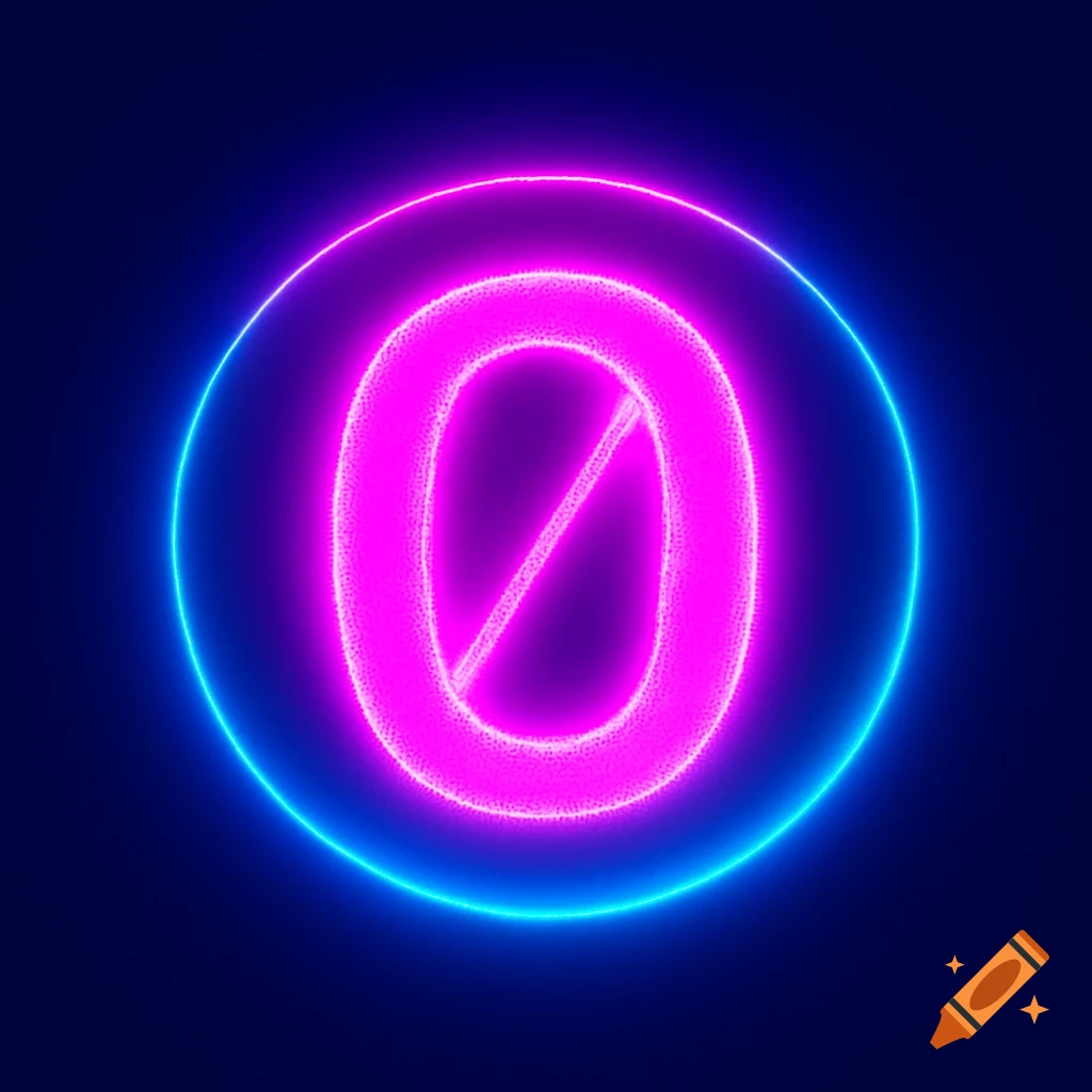 A glowing fuchsia zero symbol (∅) with a grainy texture, outlined by a radiant cyan neon circle against a dark blue background.