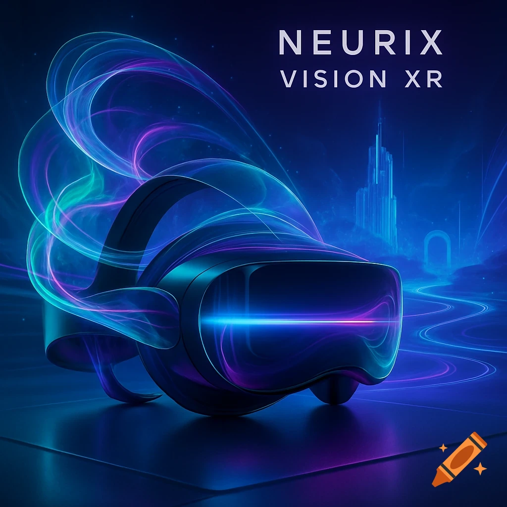 A futuristic VR headset with glowing blue and purple light trails against a dark, abstract background with text 'NEURIX VISION XR'.