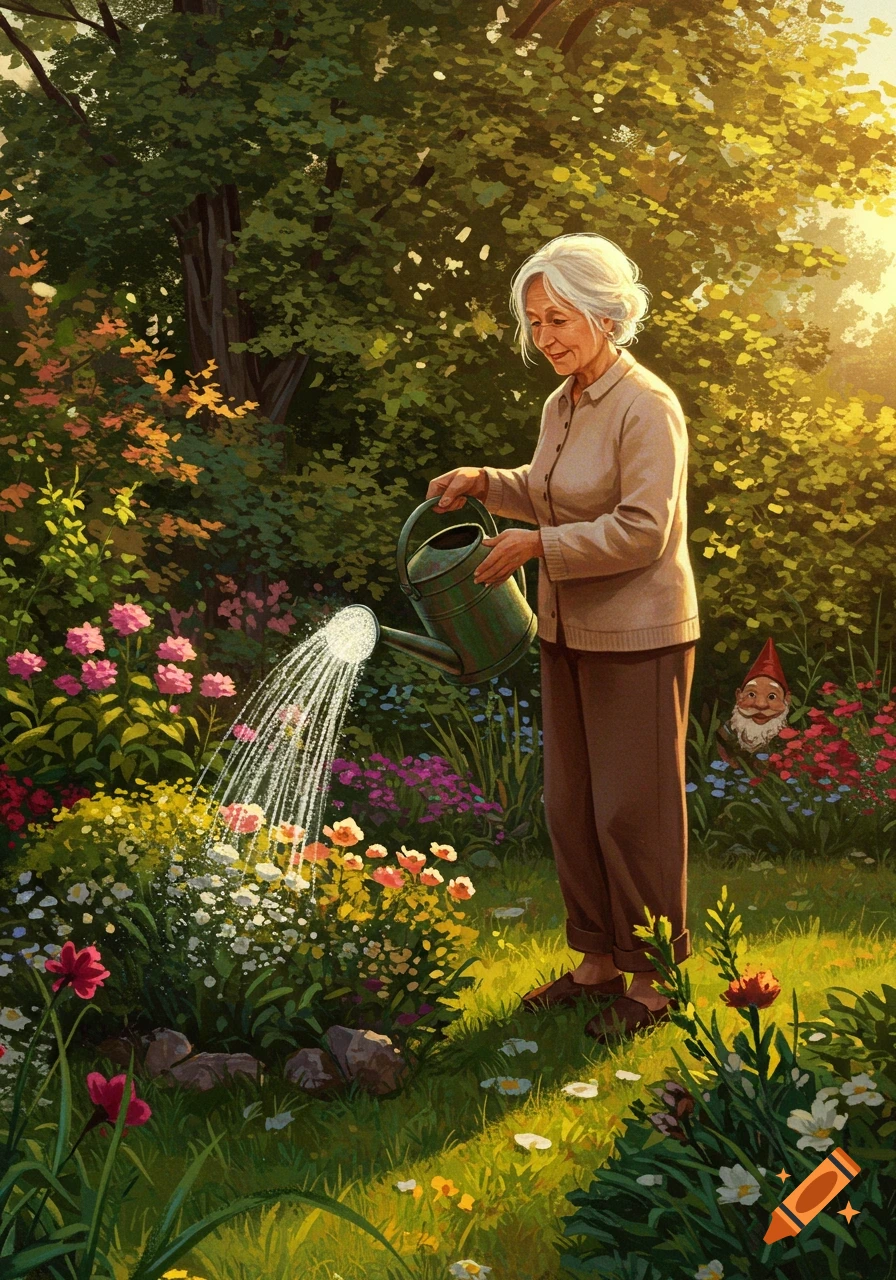An elderly woman with white hair waters a vibrant, colorful flower garden with a green watering can, under bright sunlight.