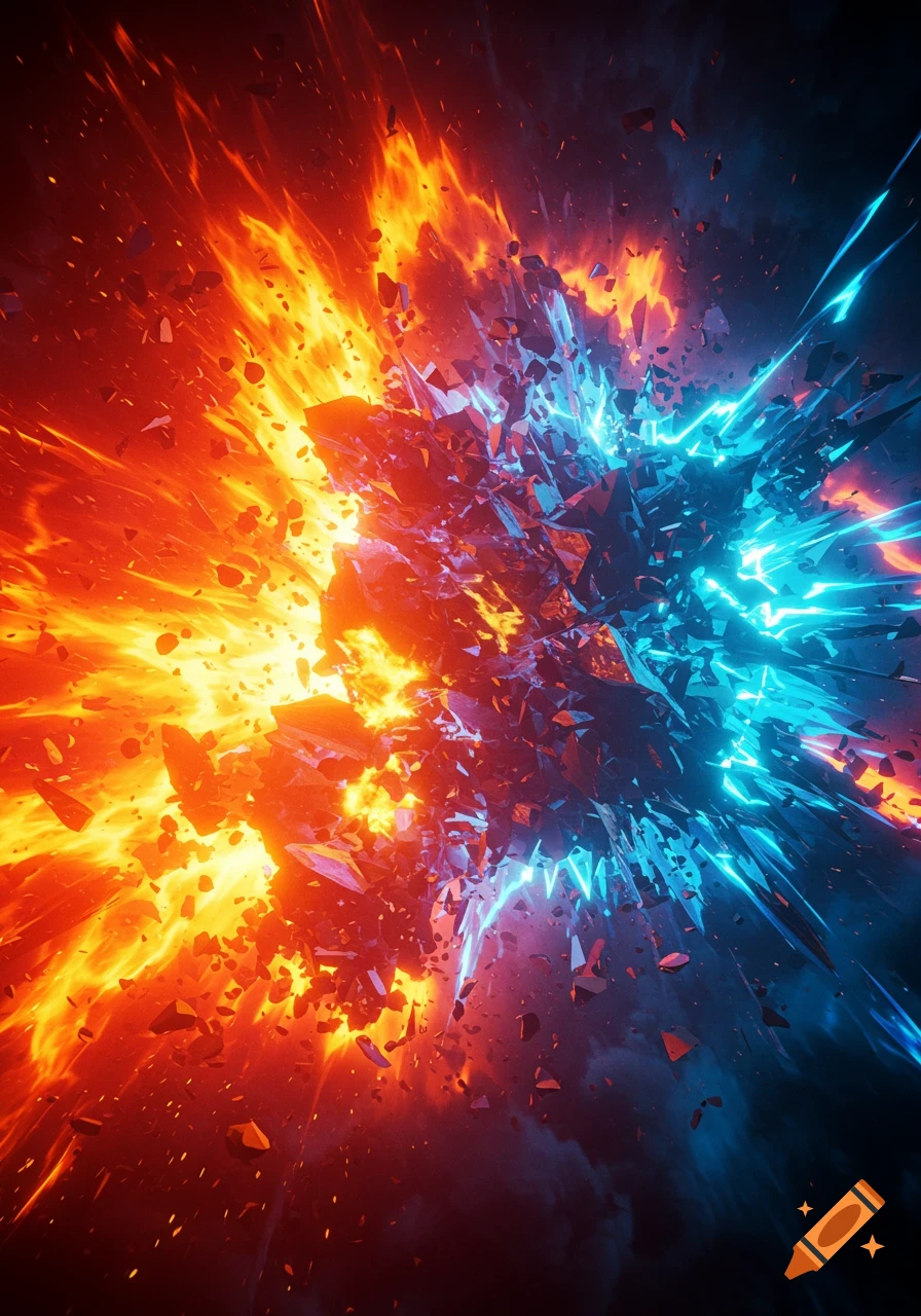 An abstract explosion of fiery orange and red energy colliding with sharp blue and cyan shards.