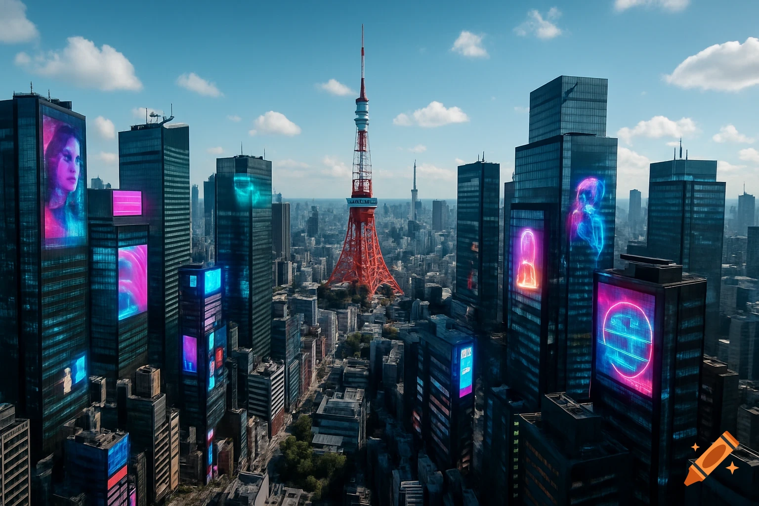 Aerial view of a futuristic Tokyo cityscape with the red Tokyo Tower prominent, surrounded by tall skyscrapers with glowing neon ad screens under a clear blue sky.
