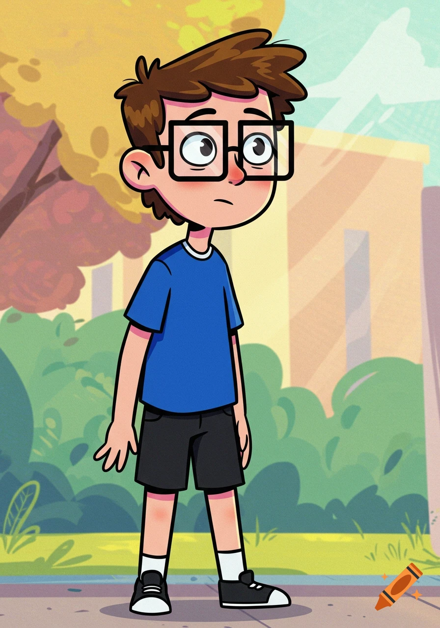 A 2D cartoon teenage boy with brown hair, glasses, blue t-shirt, and black shorts, standing outdoors.