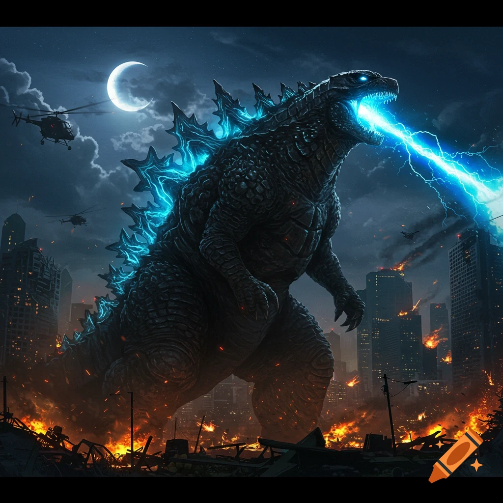 Godzilla roaring with blue atomic breath in a burning city at night, under a crescent moon with helicopters flying.