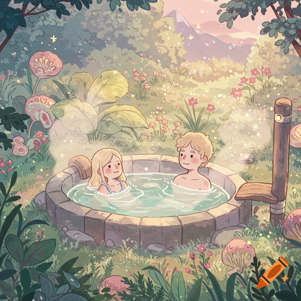 A cute blonde woman and man in a stone jacuzzi in a pastel-colored magical garden with flowers and mountains in Pixar style.