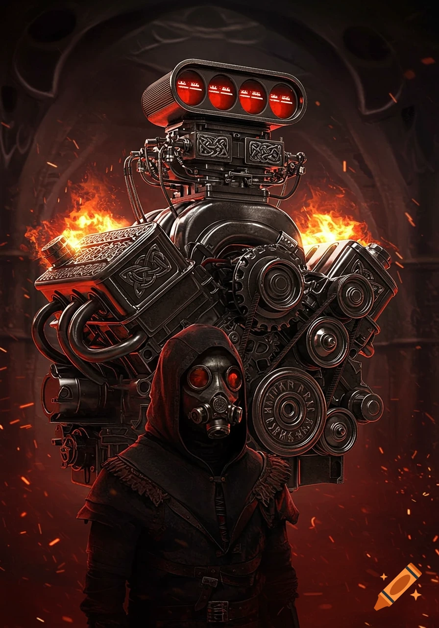 A hooded figure in a gas mask stands before a fiery, elaborate V8 engine with Celtic and runic designs in a dark, atmospheric setting.