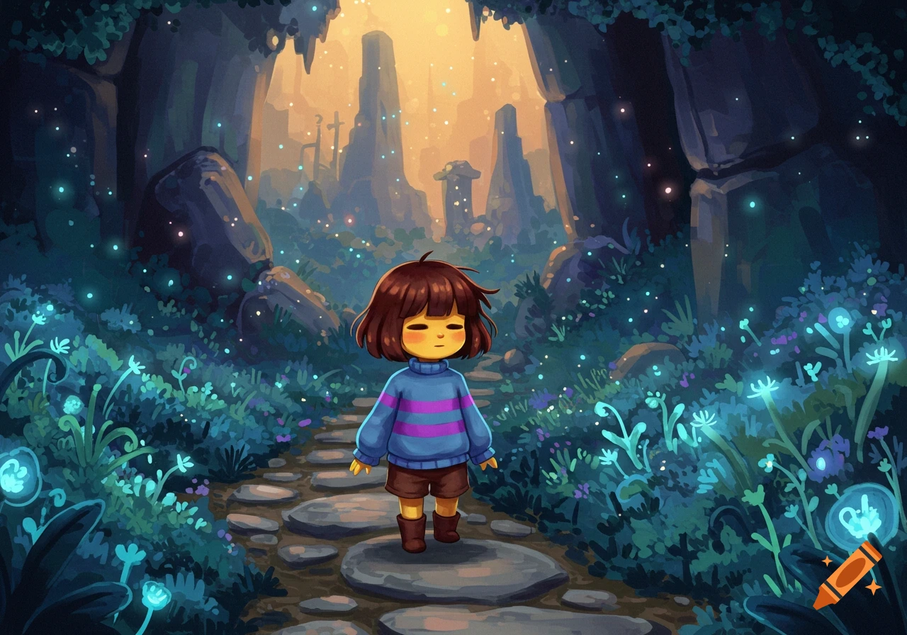 A stylized illustration of Frisk from Undertale walking on a stone path through a mystical forest with glowing blue plants and shimmering light.