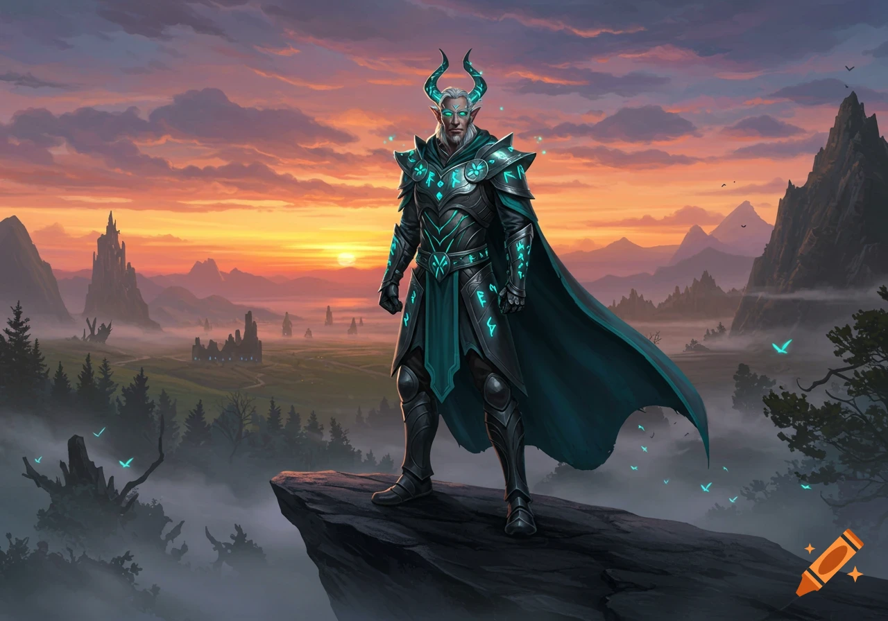 An elf-like male warrior with glowing blue horns and teal armor stands on a cliff overlooking a fantasy landscape at sunset.