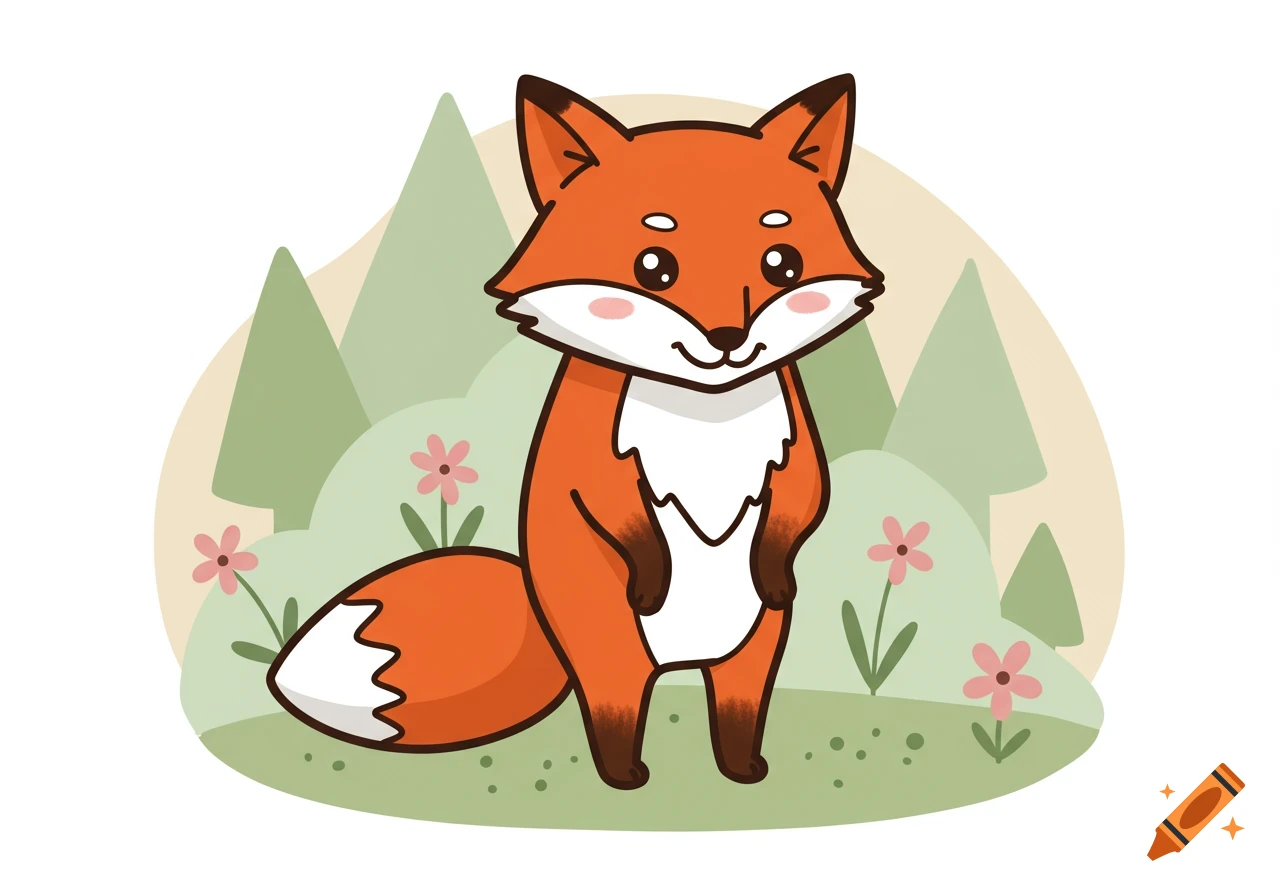 A cute, orange cartoon fox stands smiling in a green grassy field with pink flowers and trees in the background.