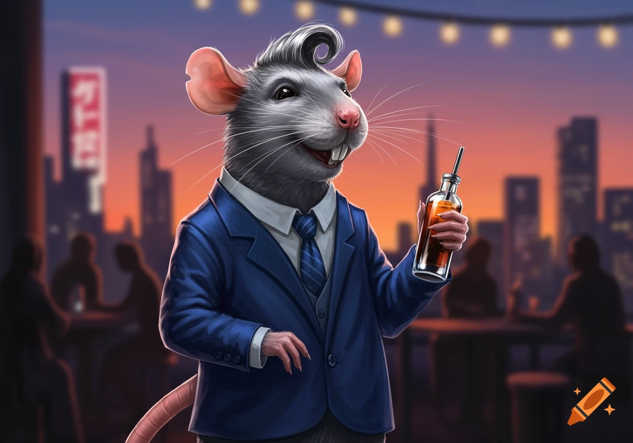 A dapper rat in a blue suit, slicked-back hair, smiling and holding a drink bottle in a city bar at sunset.