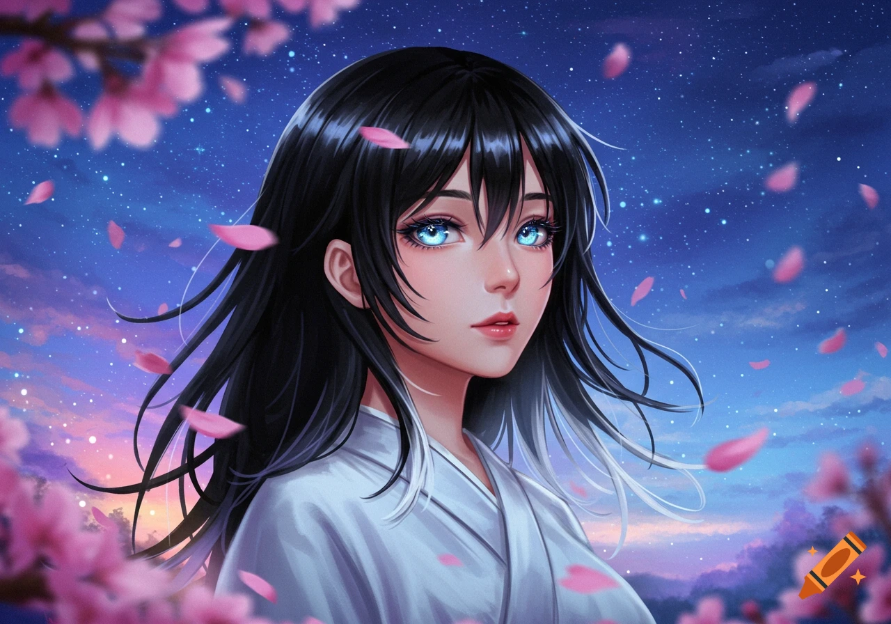 Anime girl with black hair, white tips, glowing blue eyes, in a white kimono, under a starry night sky with pink cherry blossoms.