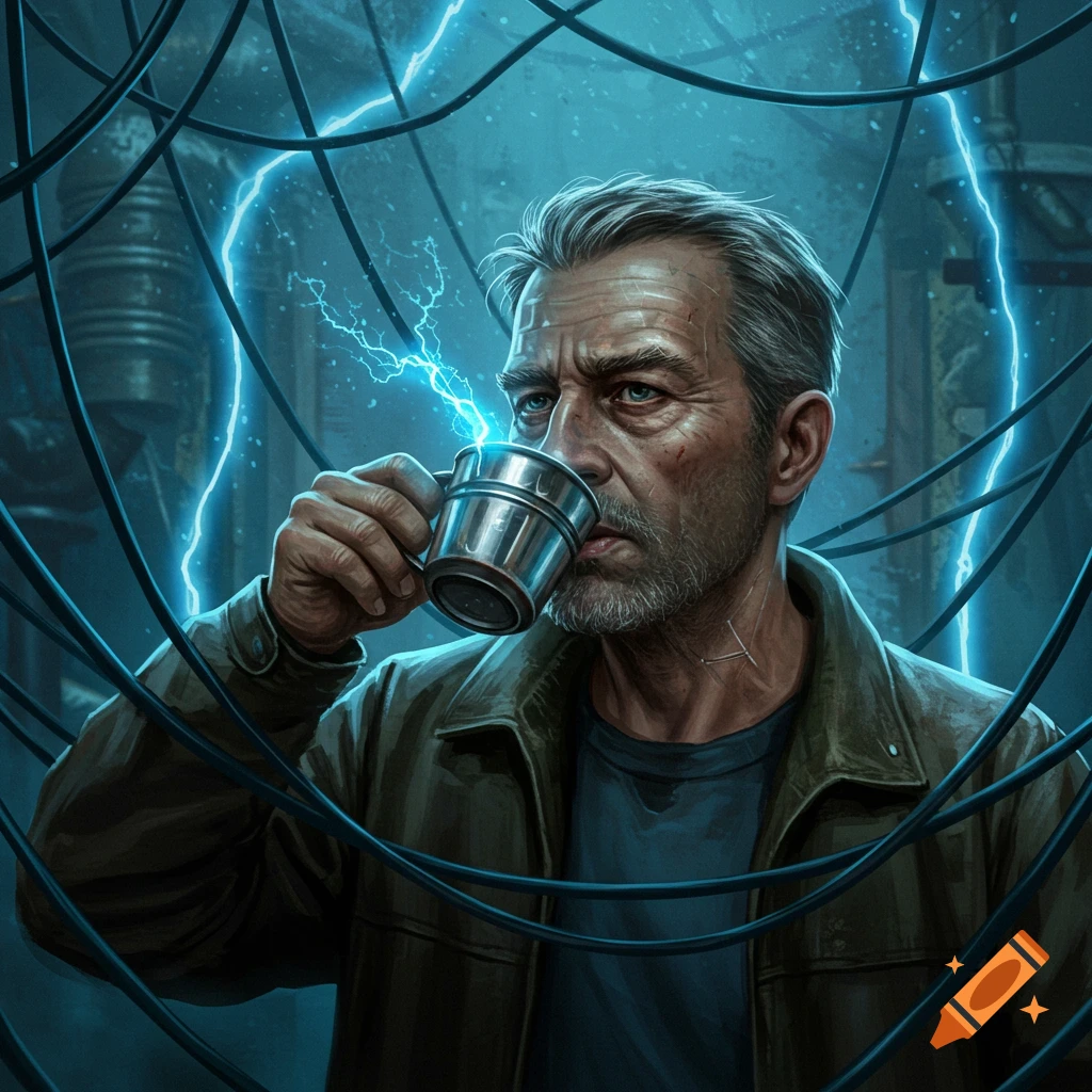 A middle-aged man with a beard drinks from a metal cup, from which electric blue sparks emanate, surrounded by tangled wires in a blue-lit, industrial setting.