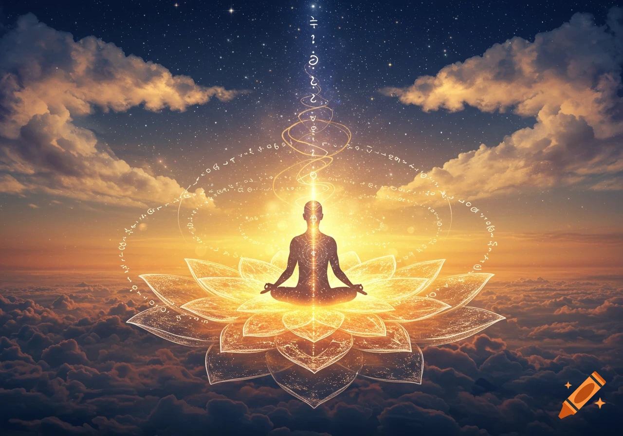 Silhouette of a person meditating in lotus pose on a glowing lotus flower above clouds at dawn, surrounded by mystical golden symbols and a starry sky.