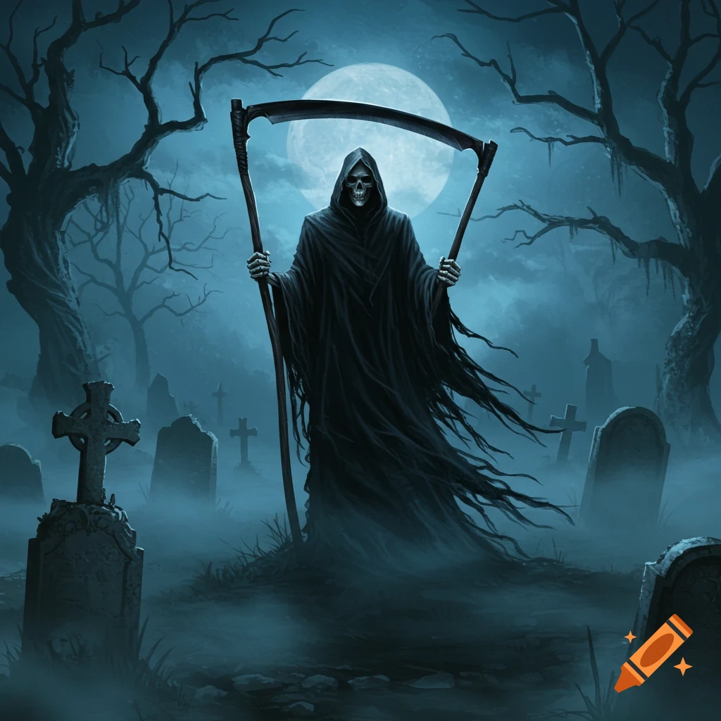 The Grim Reaper holding a scythe stands in a foggy graveyard under a full moon, surrounded by spooky trees.